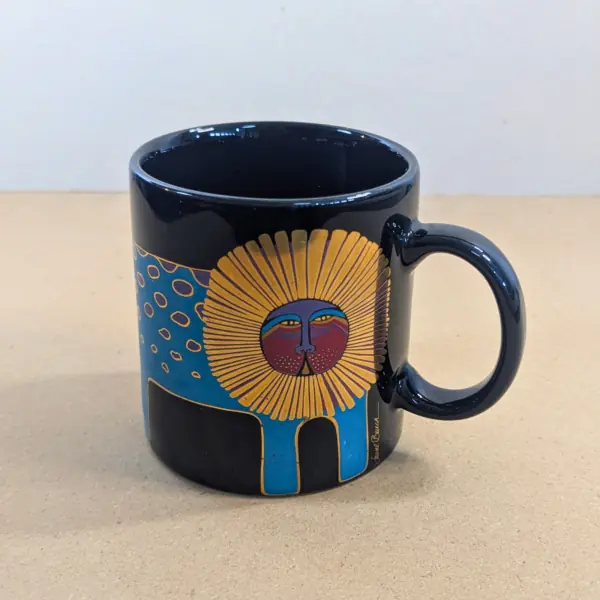 Rare Laurel Burch Japan Sun Lion Mug - Vintage Boho Art Pottery Black Gold