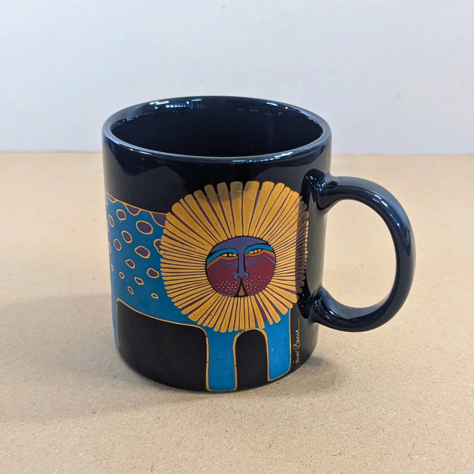 Rare Laurel Burch Japan Sun Lion Mug - Vintage Boho Art Pottery Black Gold
